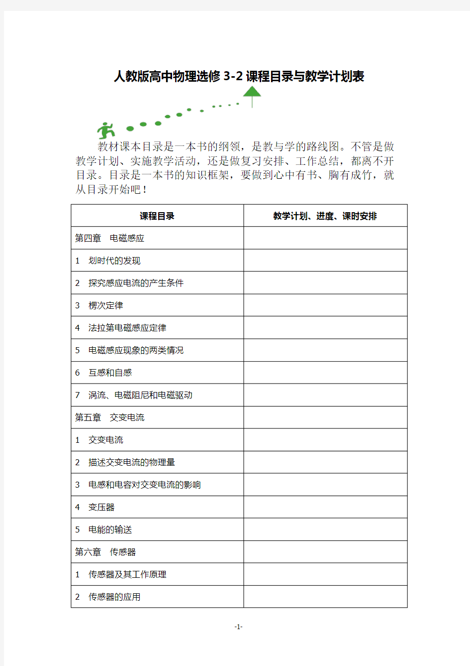 人教版高中物理选修3-2课程目录与教学计划表