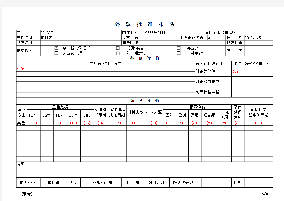 外观批准报告AAR