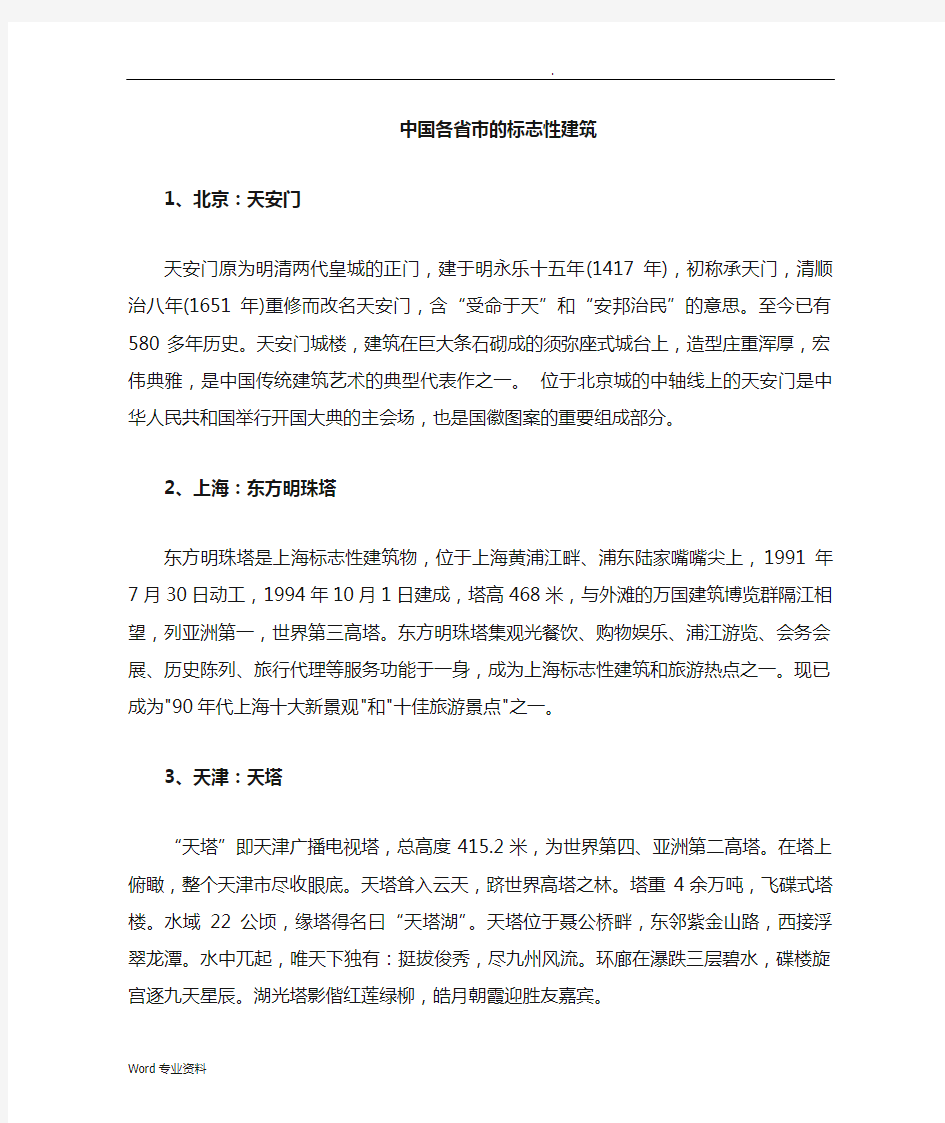 中国各省的地标性建筑