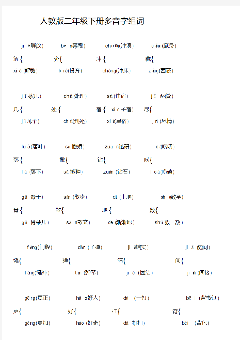 二年级语文下册多音字组词