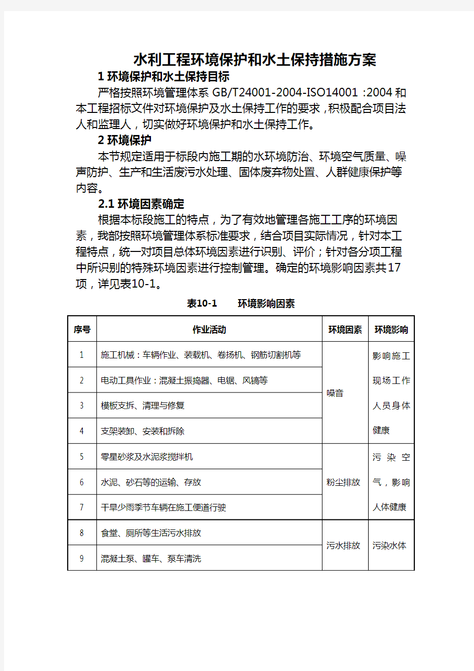 水利工程环境保护和水土保持措施方案