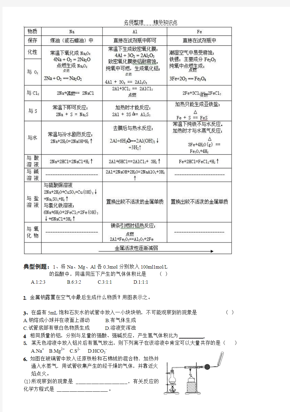 高一化学必修一第三章第四章知识点复习及练习题