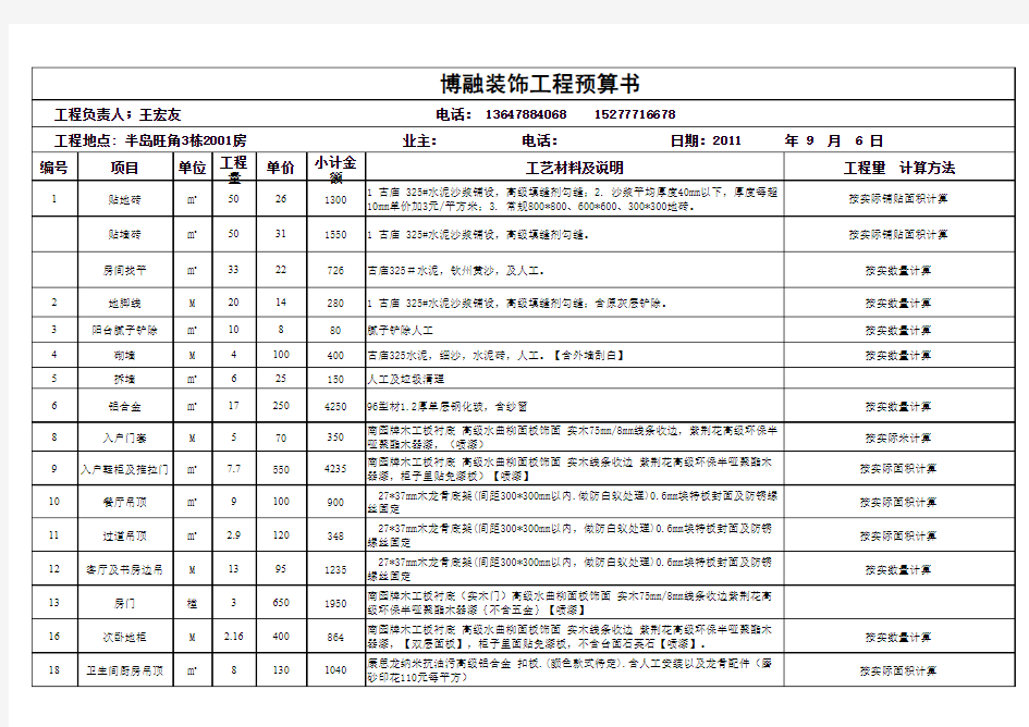 装饰工程预算书模板