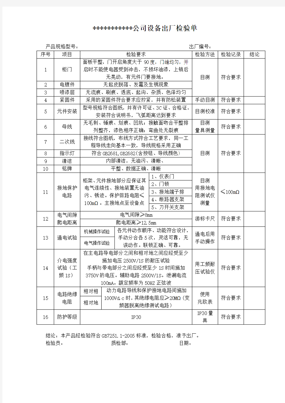 电控柜检验单