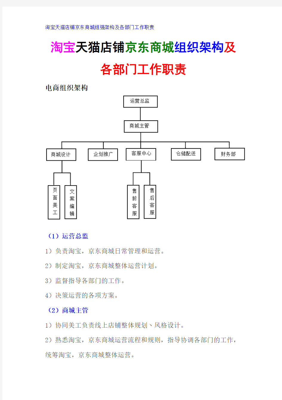 淘宝天猫店铺京东商城组织架构及各部门工作职责 电商运营管理计划书