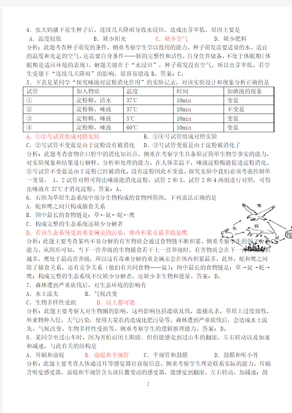 2011年广东省初中二年级(八年级)学业考试生物试题分析