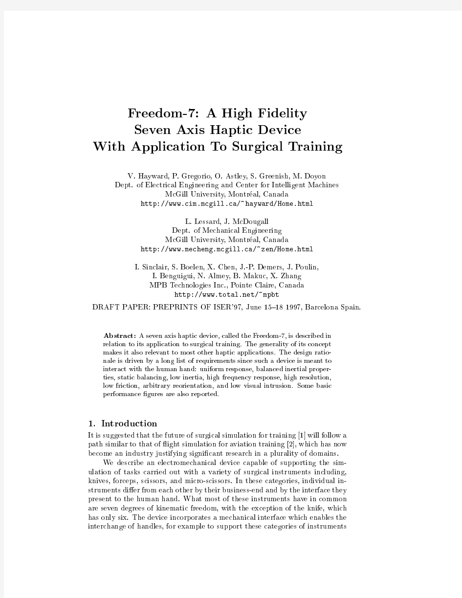 Freedom-7 A high fidelity seven axis haptic device with application to surgical training