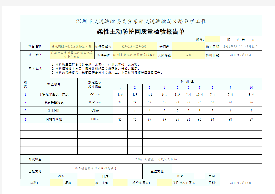 柔性主动防护网质量检验报告单