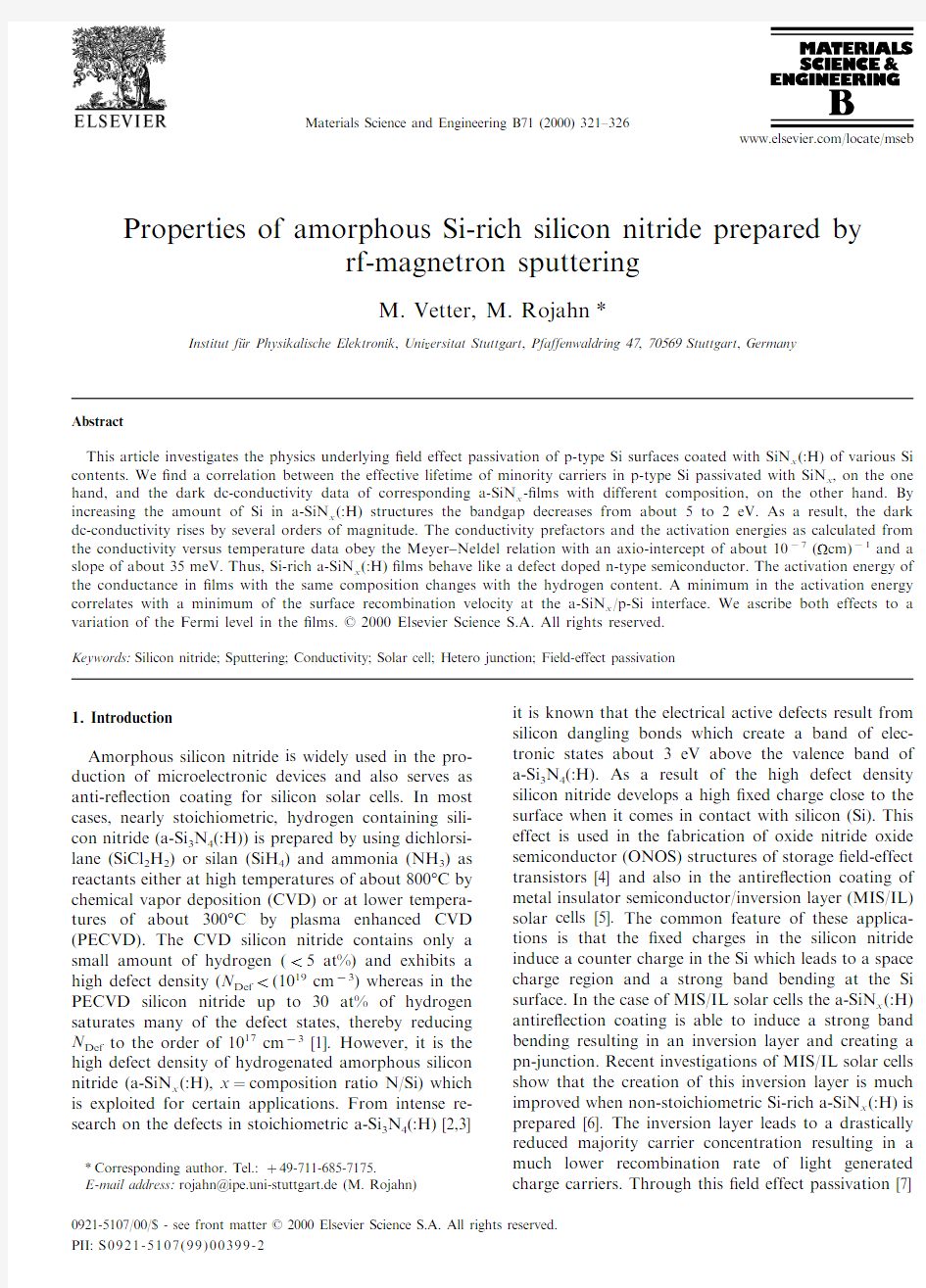 Properties of amorphous Si-rich silicon nitride prepared by rf-magnetron sputtering