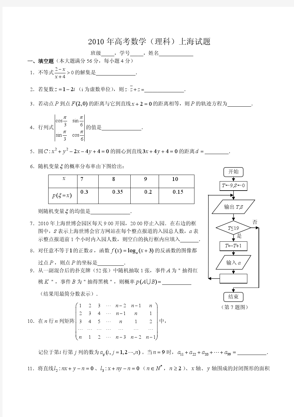 2010上海市高考数学理科试卷(全解全析)