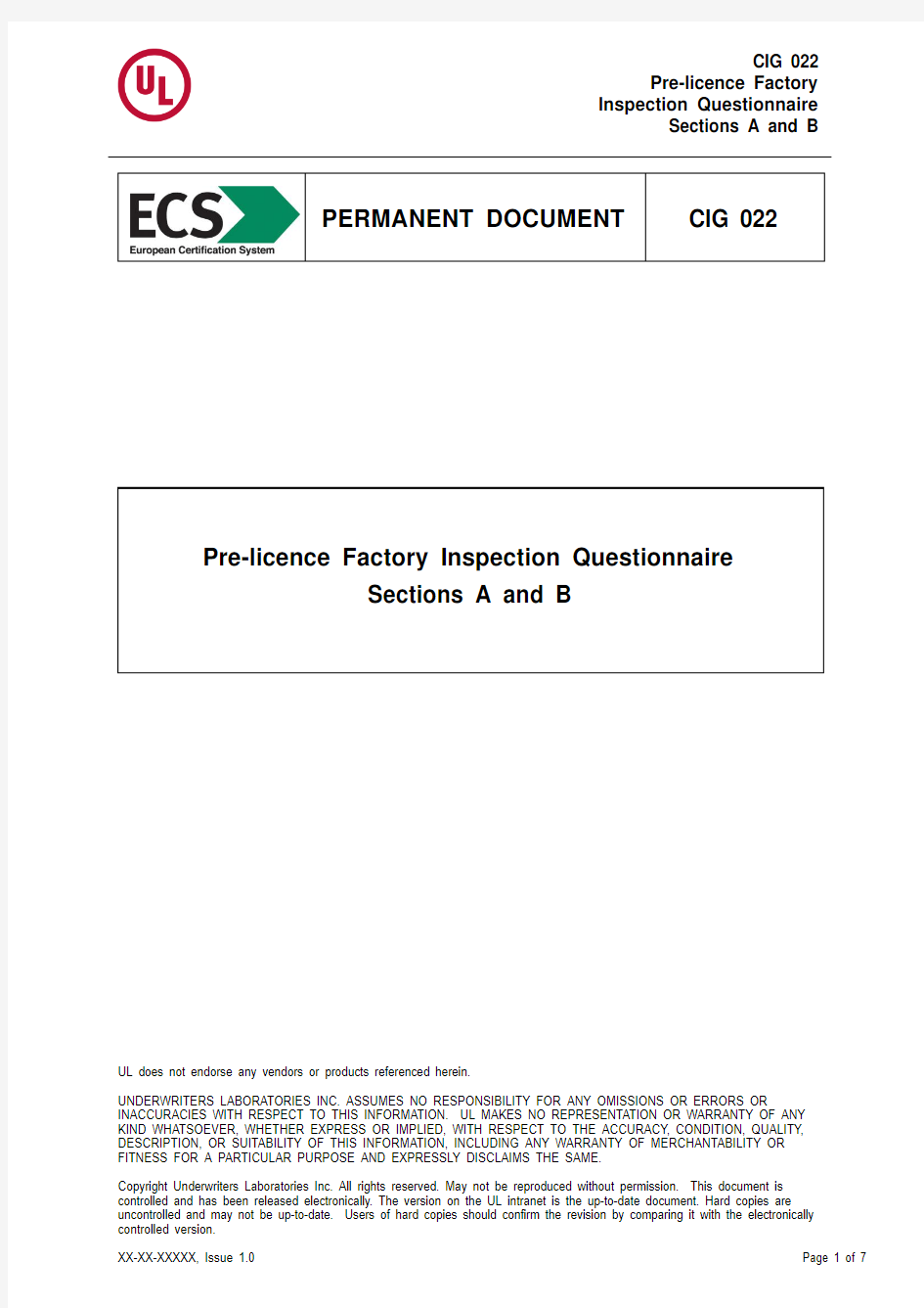 UL CIG-022 Pre-licence Factory Inspection Questionnaire Sections A and B