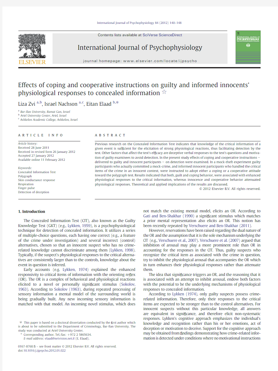 Effects of coping and cooperative instructions on guiltyand informed innocents  physiological respon