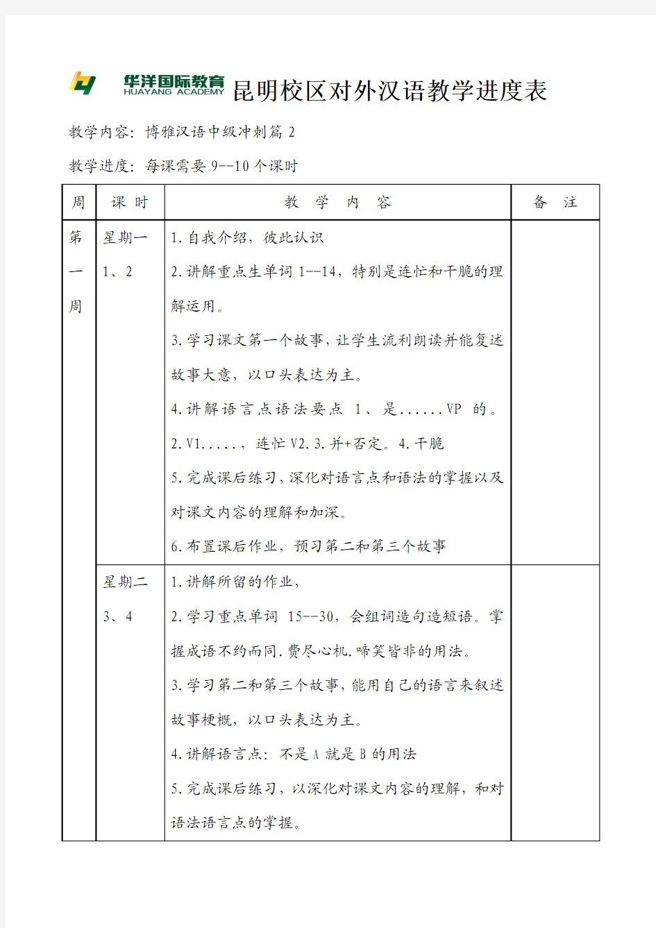 汉语五级教学进度