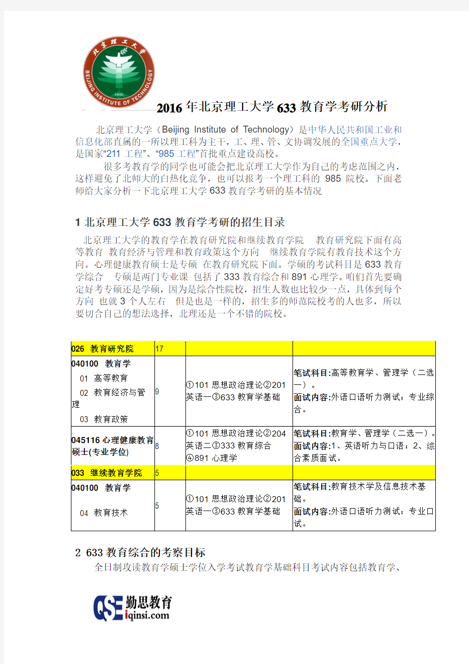 2016年北京理工大学633教育学考研