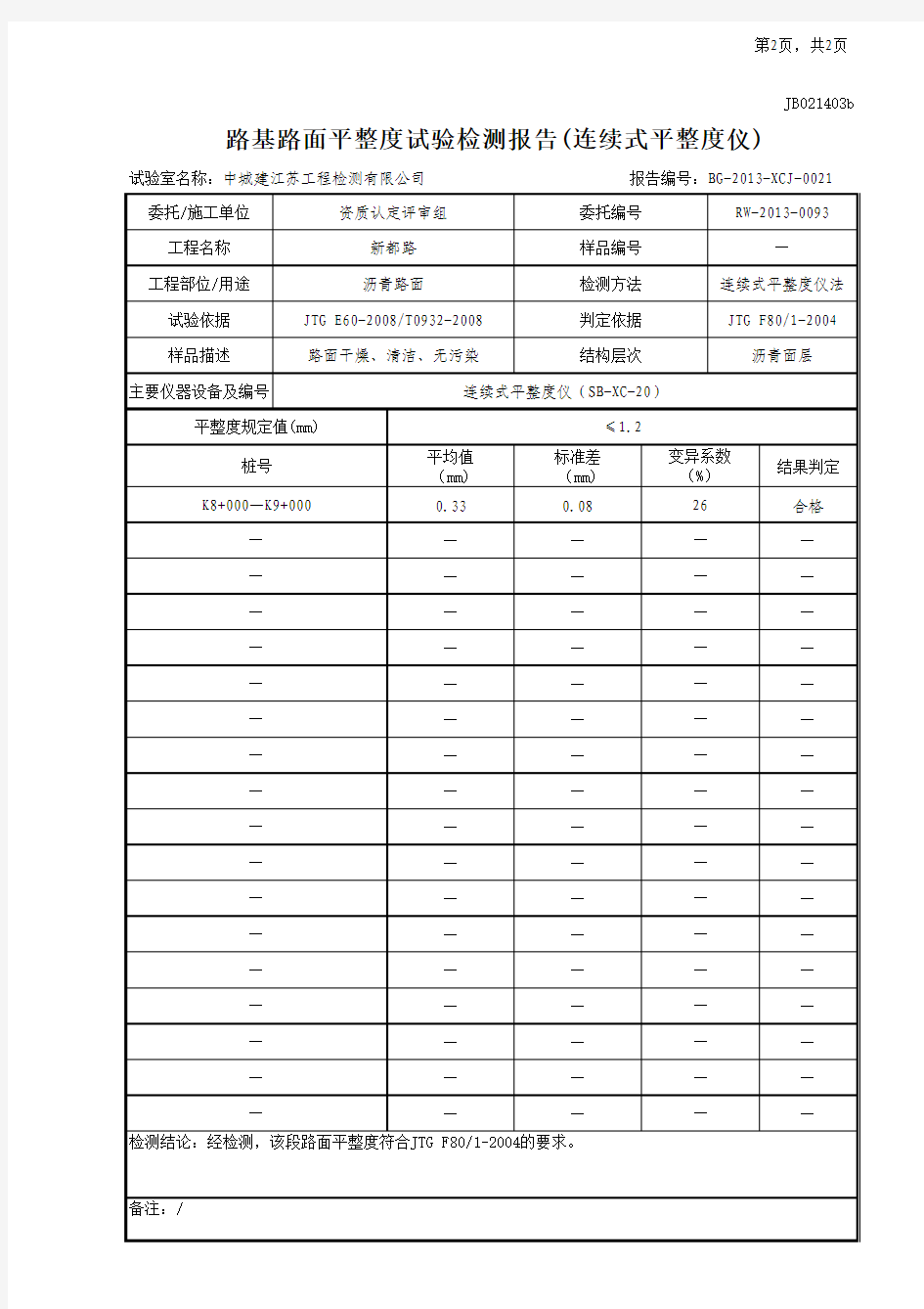 路基路面平整度试验检测报告(连续式平整度仪)