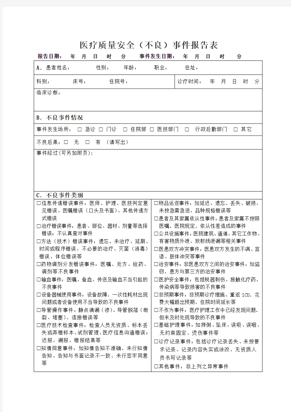 医院医疗安全不良事件报告表(最新版)