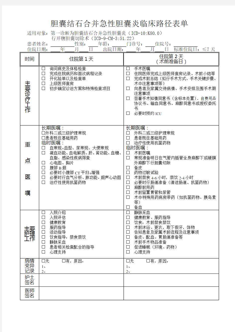 胆囊结石合并急性胆囊炎临床路径表单