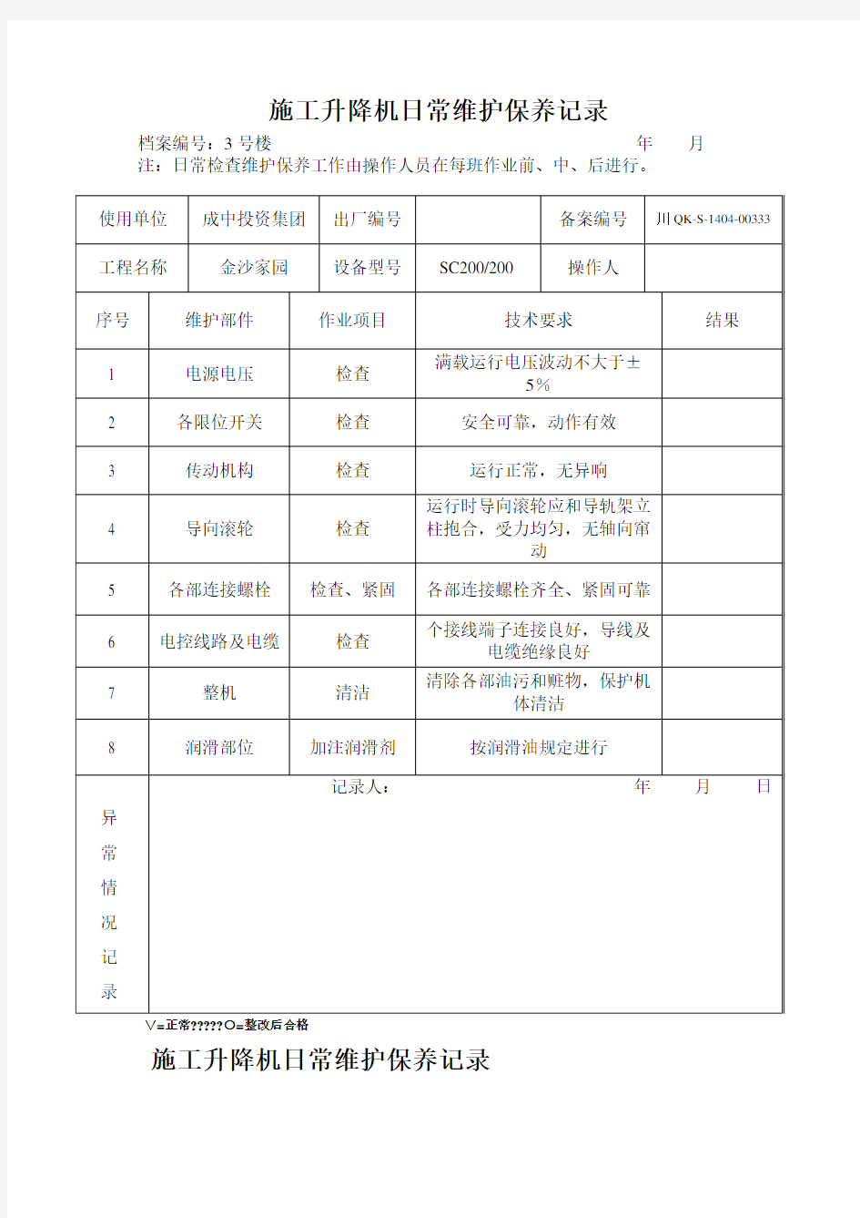 施工升降机日常维护保养记录