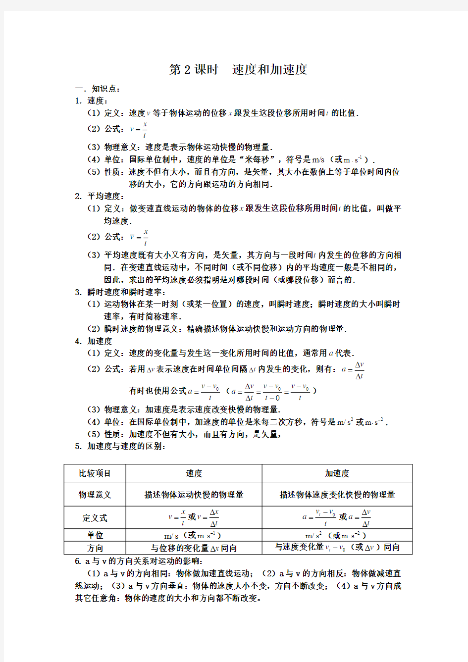 高中物理专题练习-速度与加速度知识点与练习