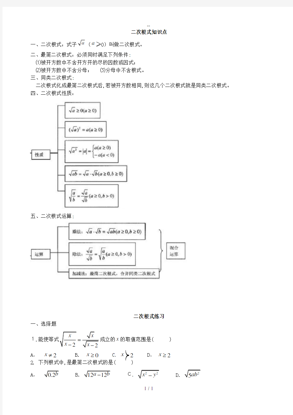 初二数学八下二次根式所有知识点总结和常考题型练习题