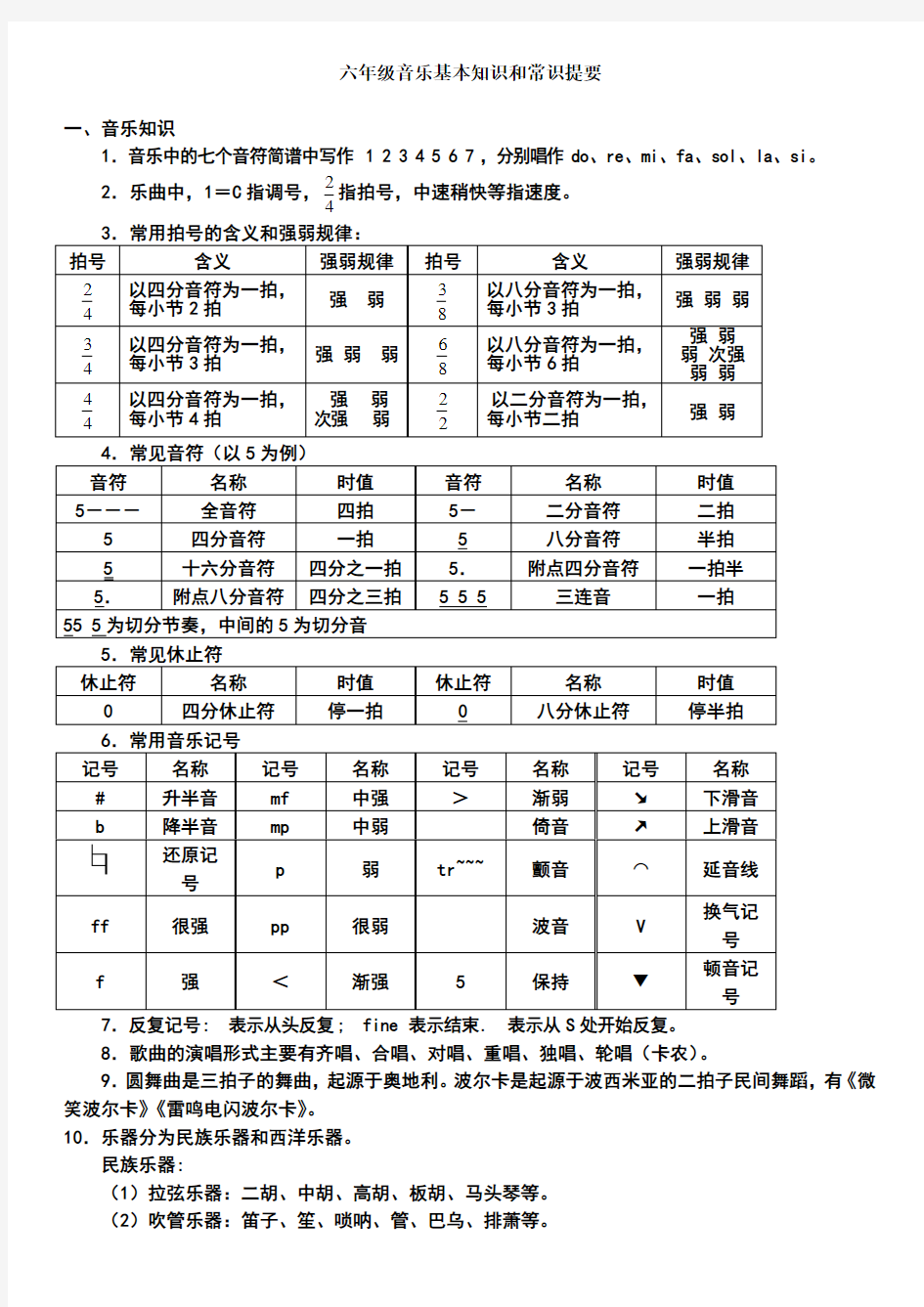 六年级音乐知识点汇总