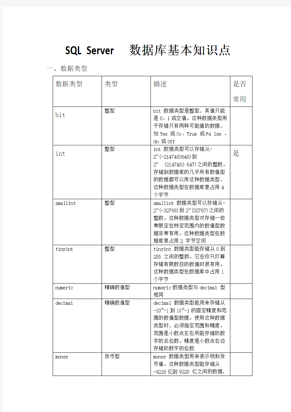 (整理)SQLServer数据库基本知识点.