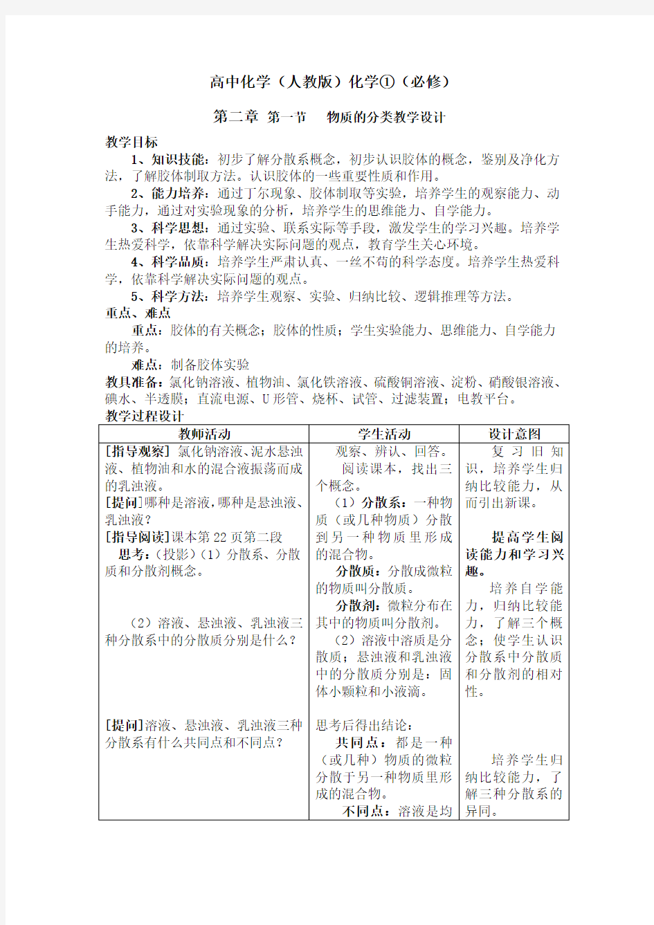 人教版高中化学必修一化学《物质的分类》教案