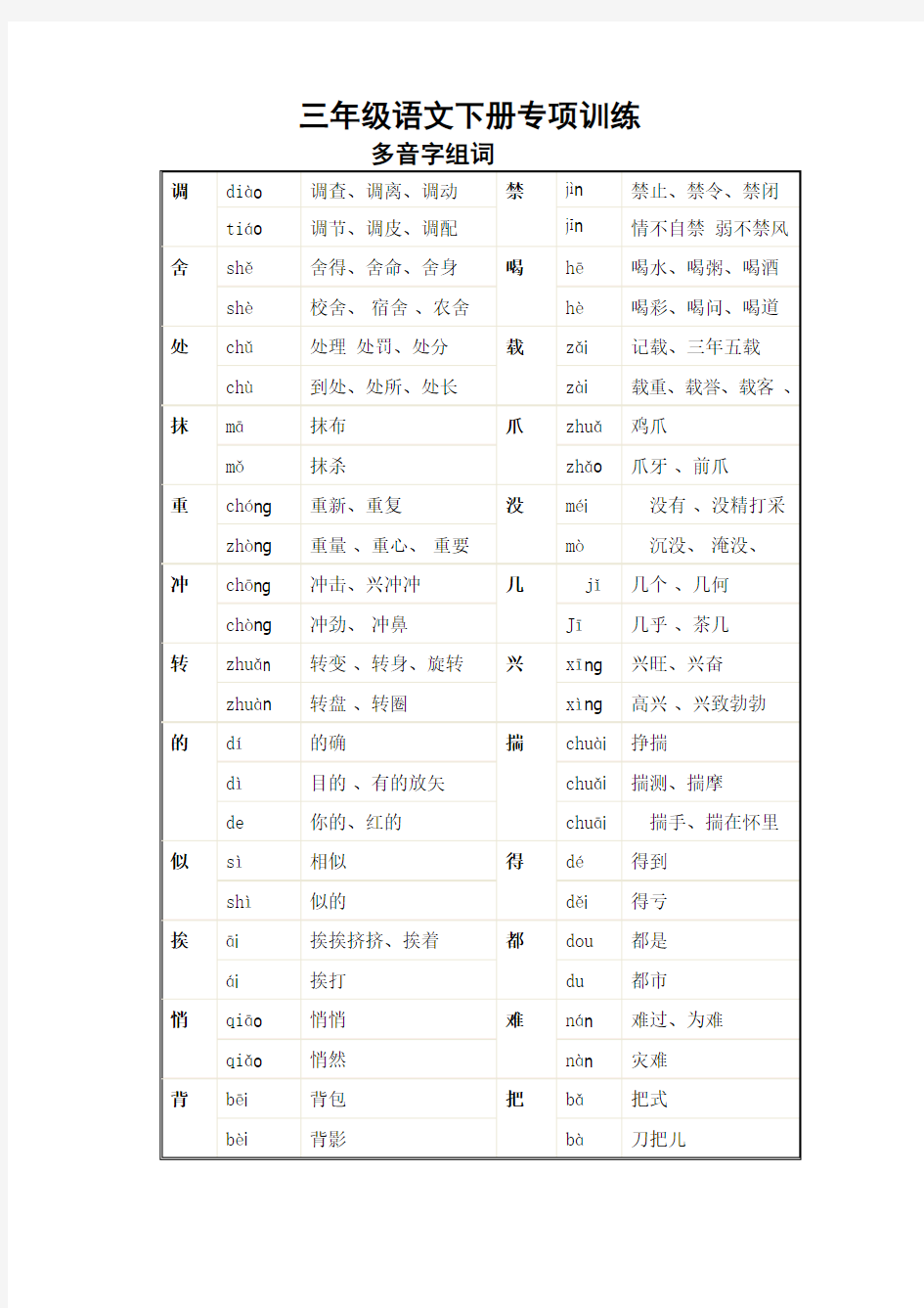 部编版三年级下册语文多音字组词汇总 【优质】