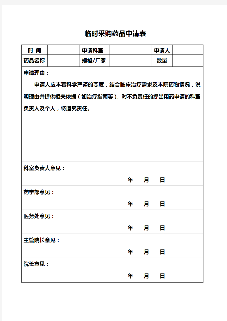 临时采购药品申请表