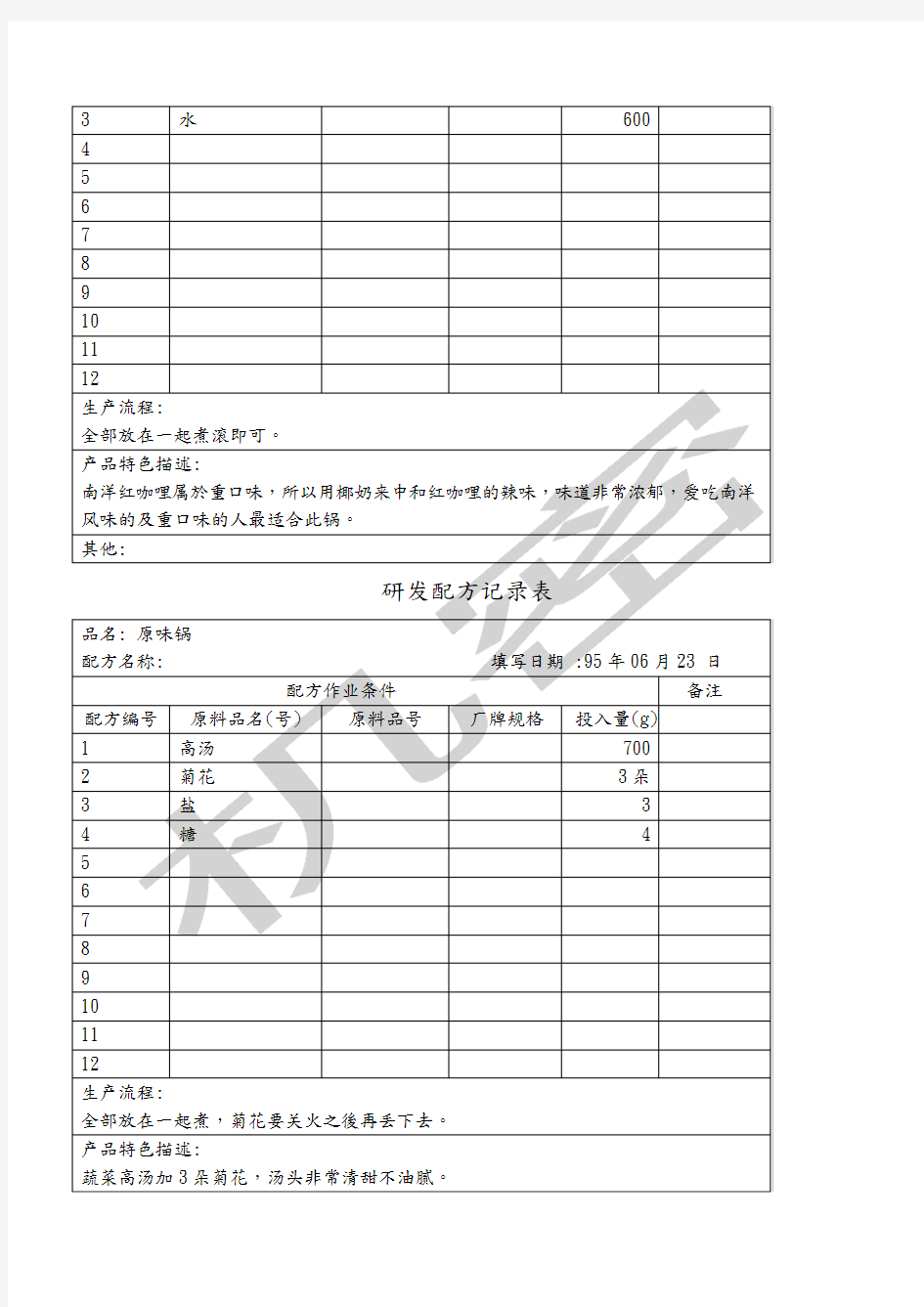 火锅汤底研发配方记录表