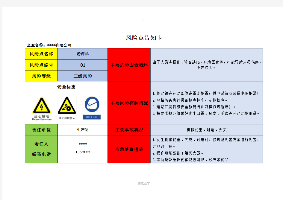 危险源辨识风险点告知卡