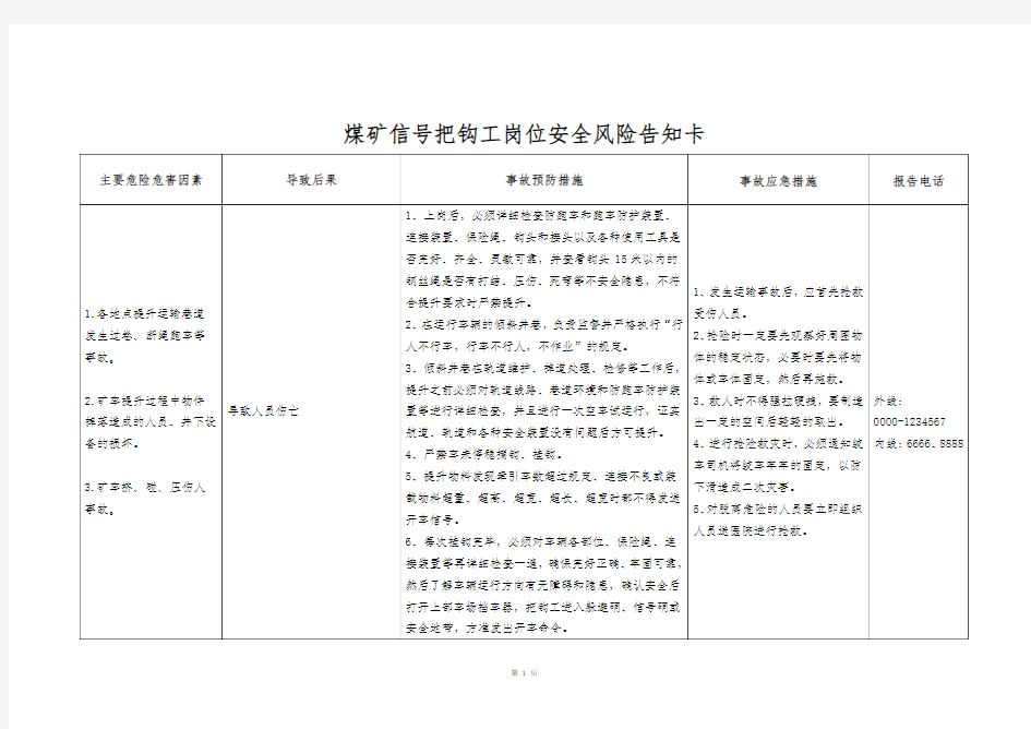 煤矿信号把钩工岗位安全风险告知卡