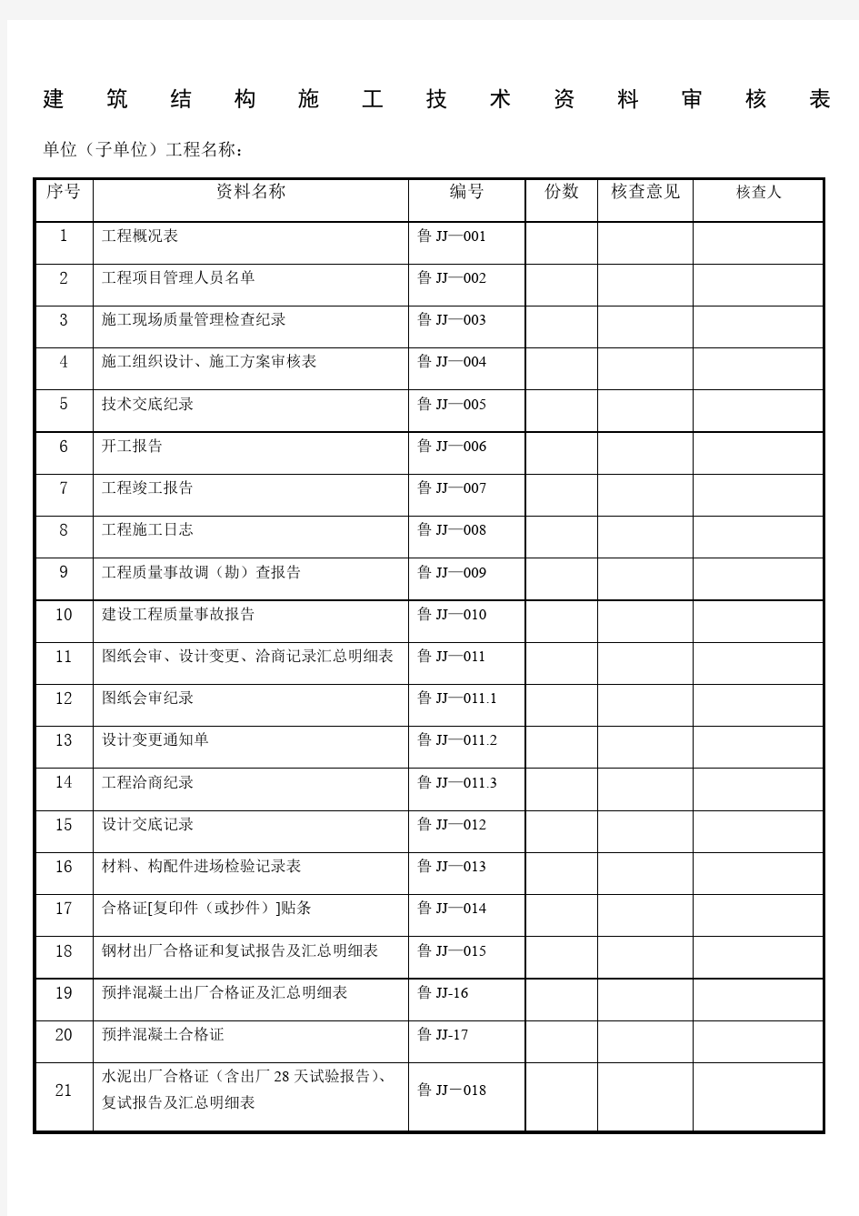 新版山东建筑资料表格