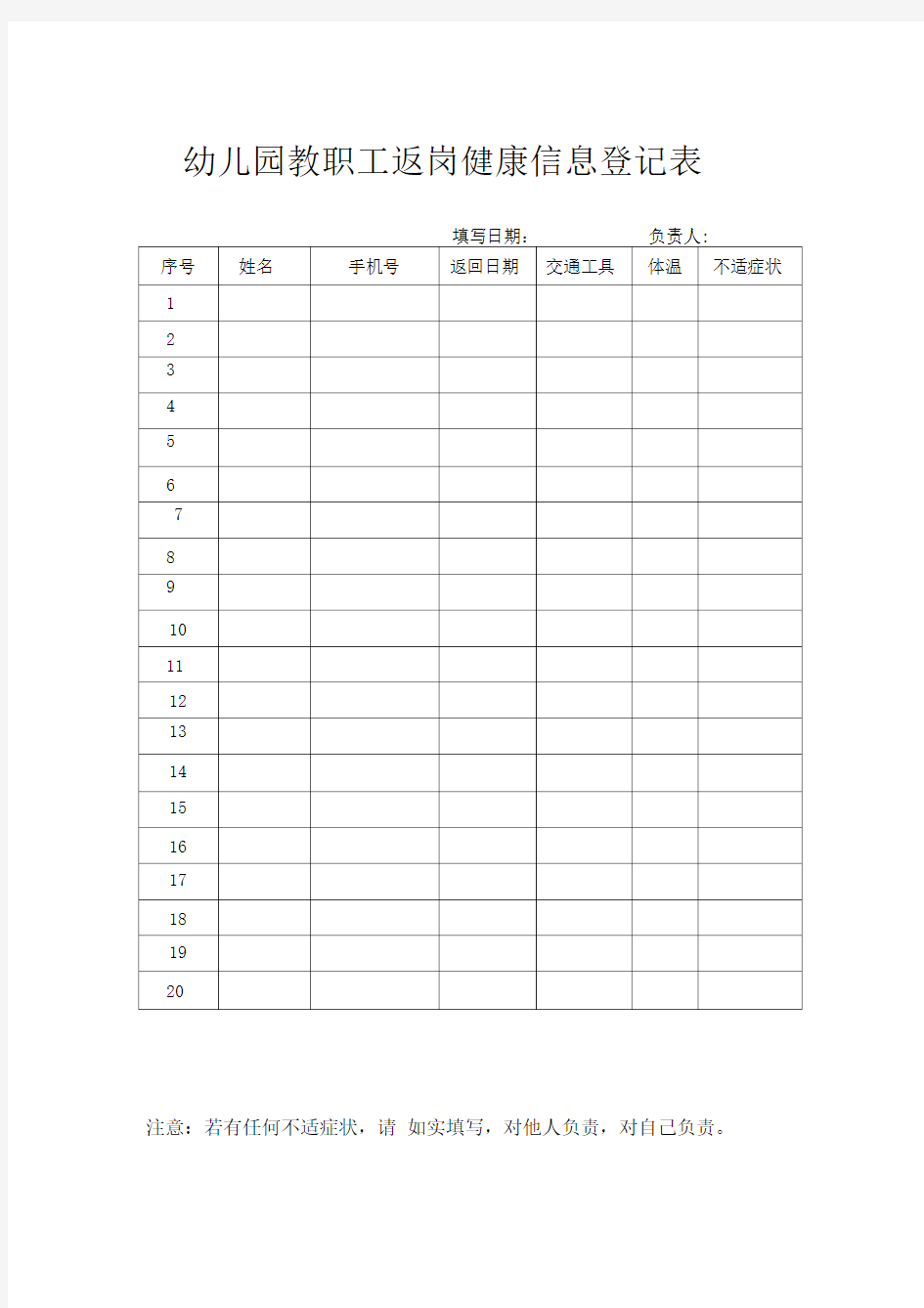 教职工健康信息登记表