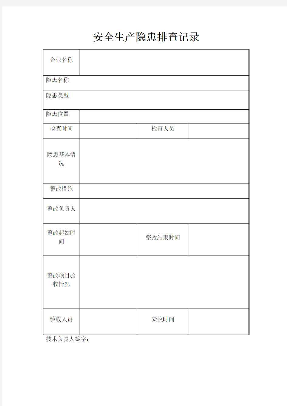 安全生产隐患排查记录表全新