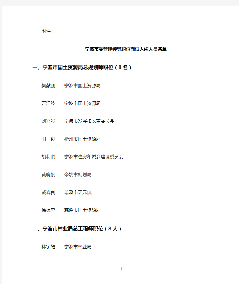 宁波市委管理领导职位面试入闱人员名单