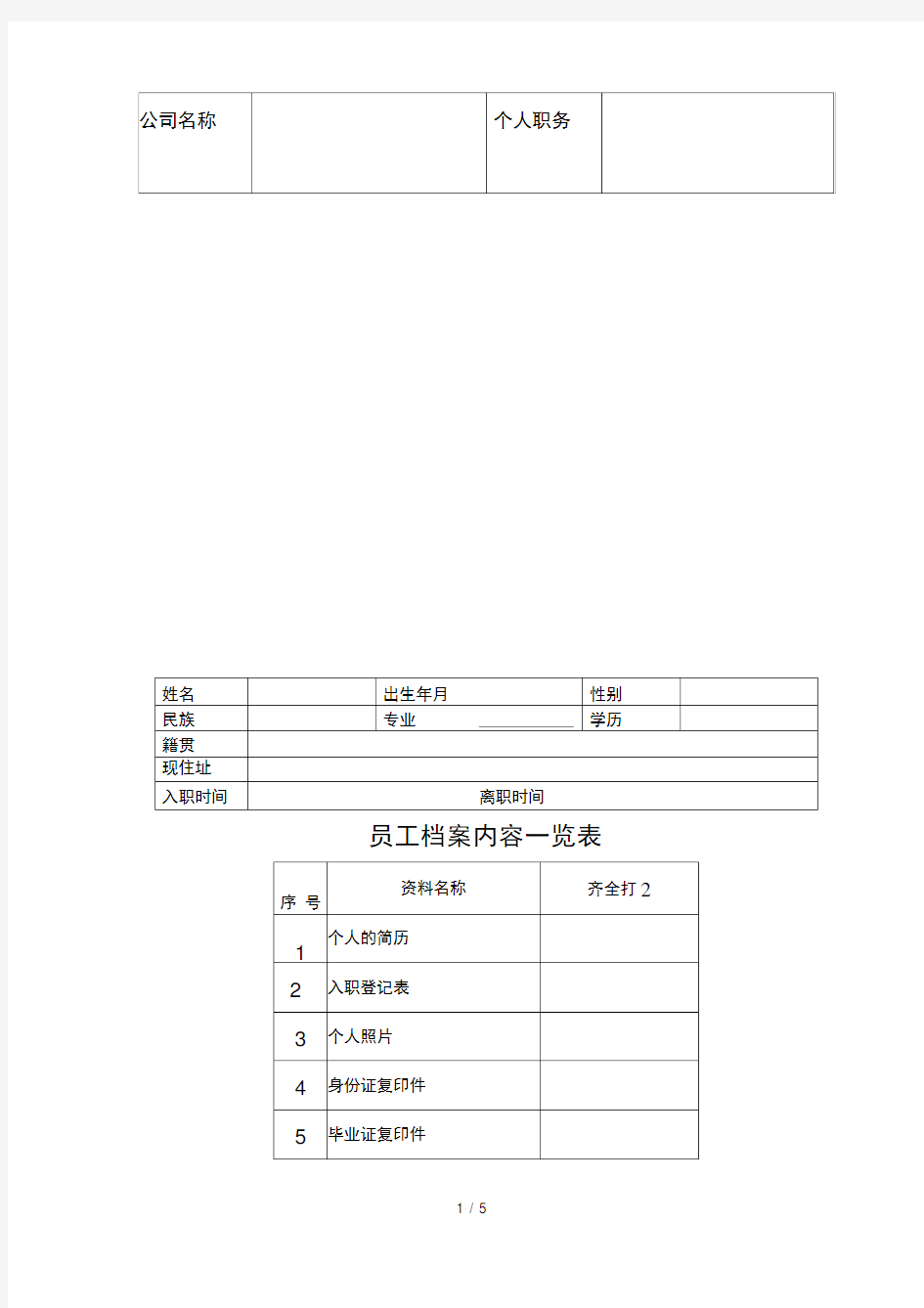 最完整企业员工档案表(模版)