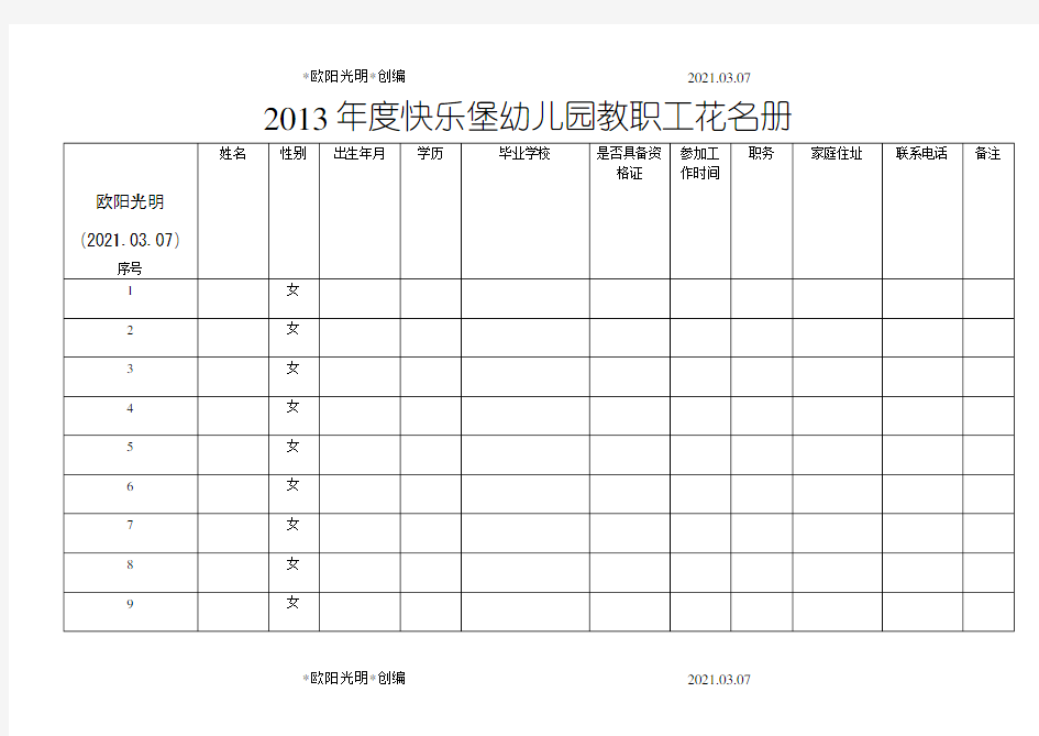 2021年幼儿园教职工花名册