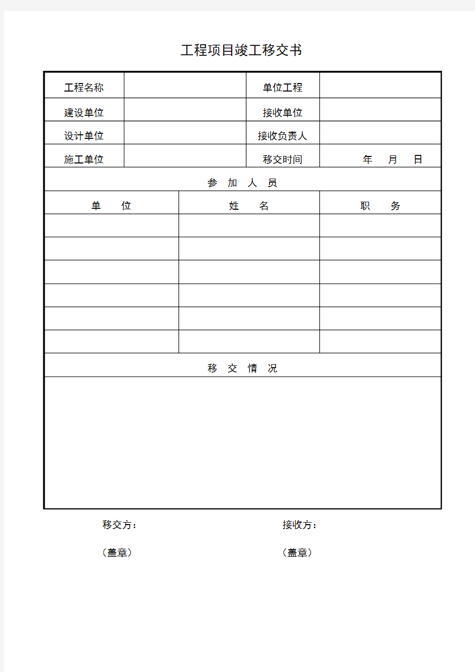 工程项目竣工移交书