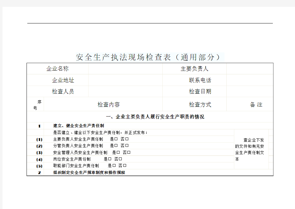 安全生产现场检查表