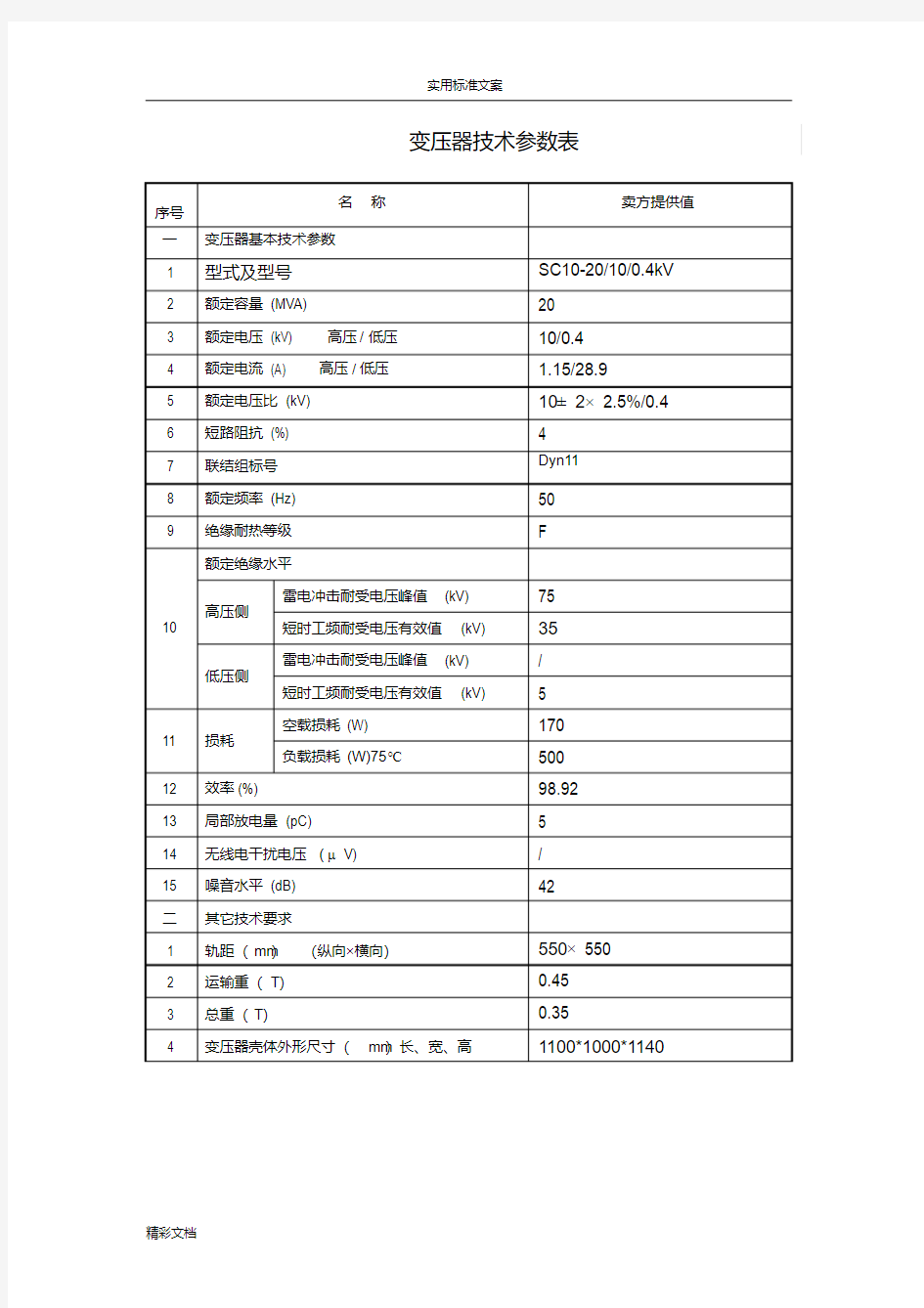 10KV干式变压器全参数表(1)