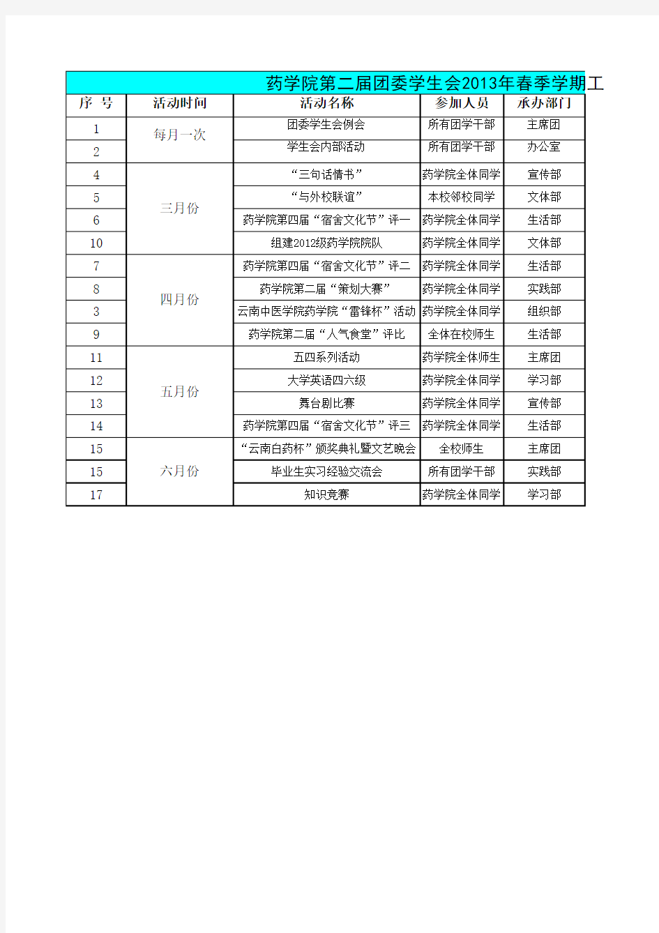 团委学生会工作计划一览表