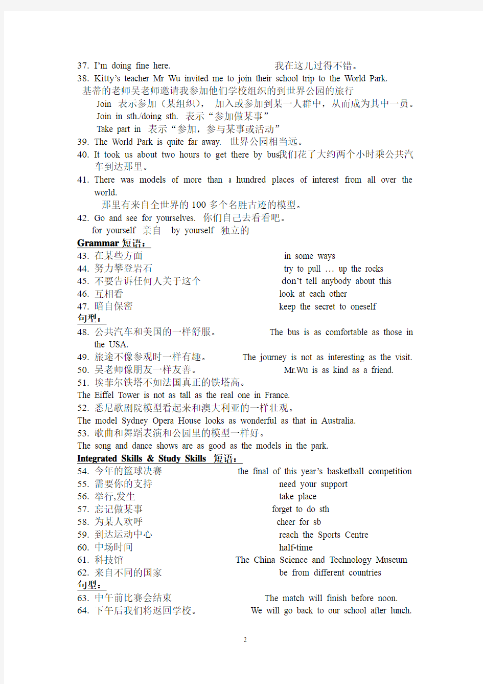 2014最新译林牛津8Aunit3重点短语句型语法复习