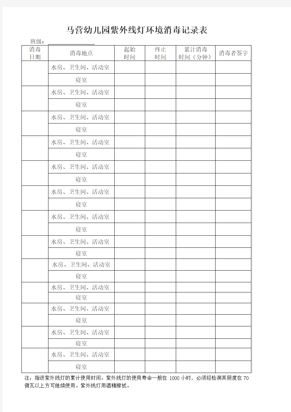 紫外线消毒记录表