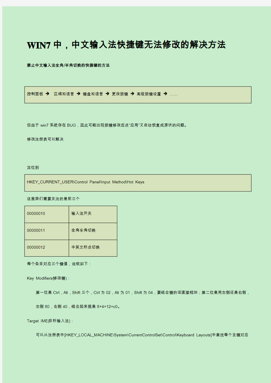 WIN7中,中文输入法快捷键无法修改的解决方法