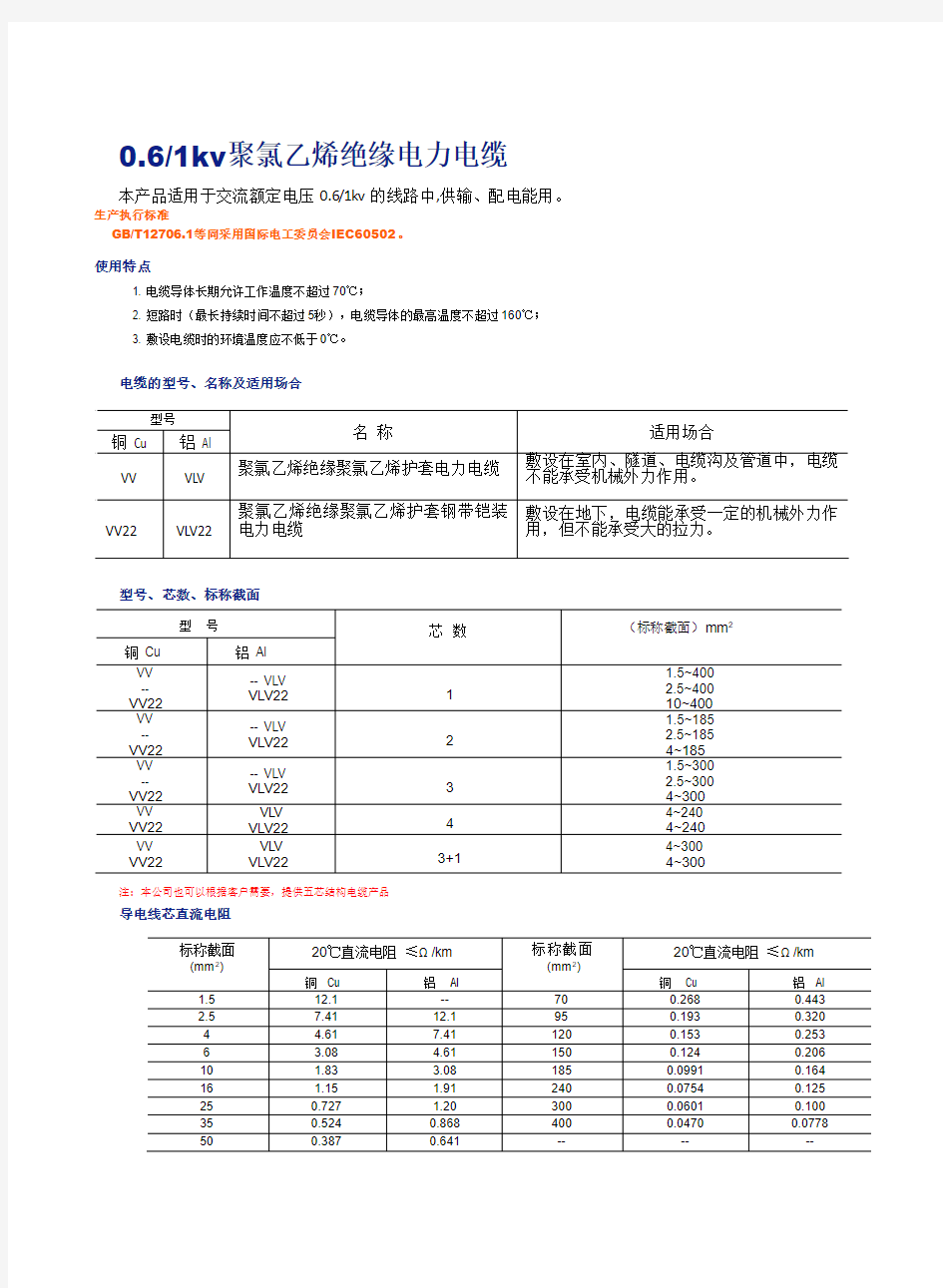 0.61kV聚氯乙烯绝缘电力电缆