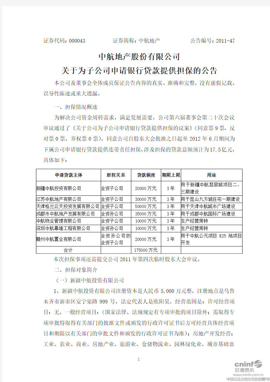 中航地产股份有限公司关于为子公司申请银行贷款提供担保的公告