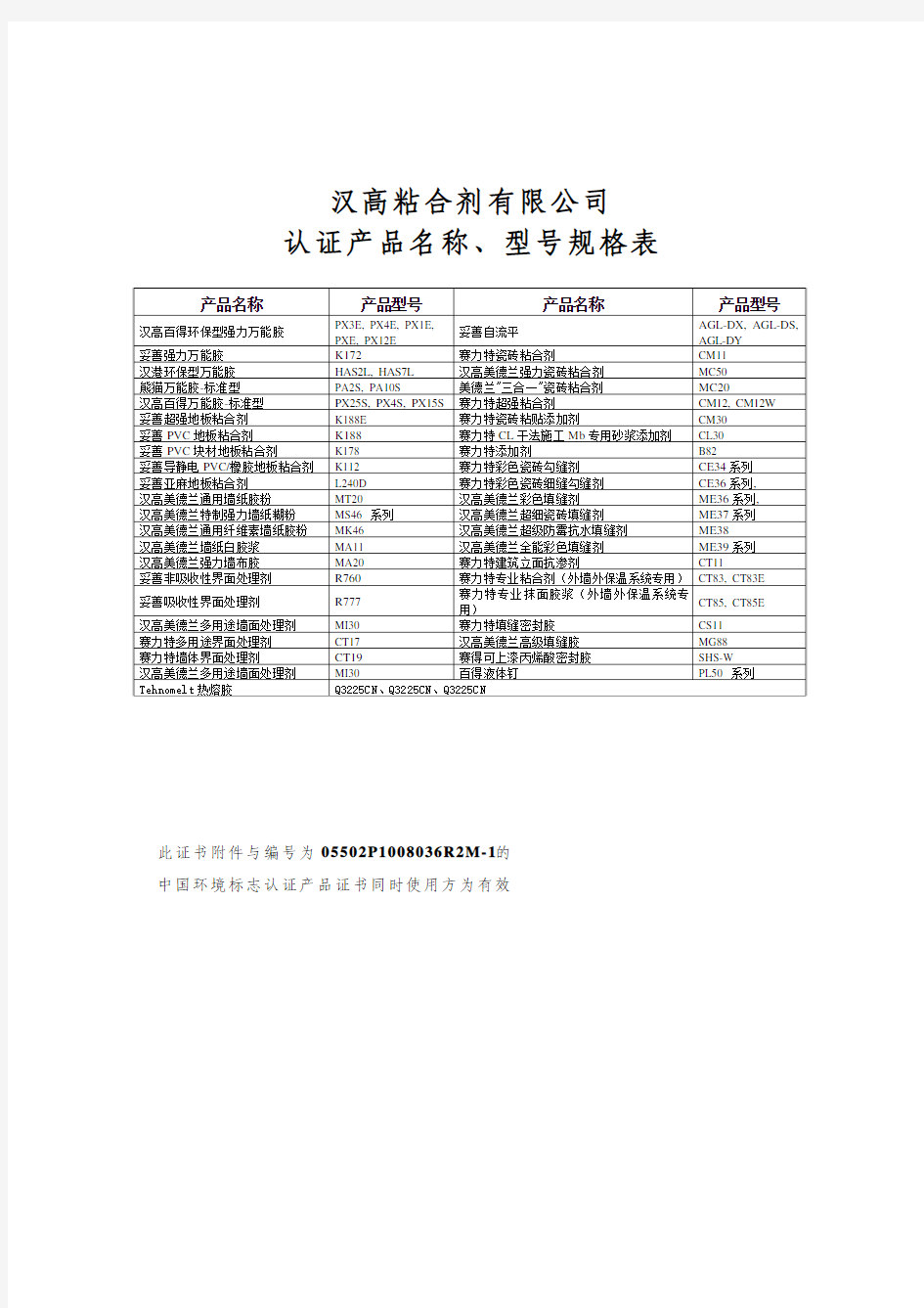 汉高粘合剂有限公司 认证产品名称、型号规格表