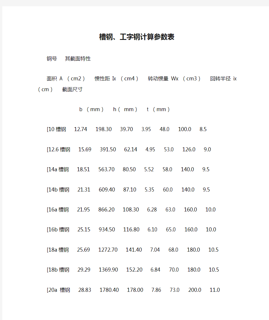 槽钢、工字钢计算参数表