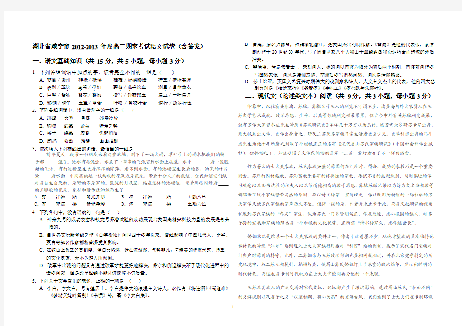 湖北省咸宁市2012-2013年度高二上期末语文试题(含答案)